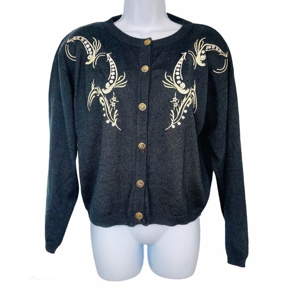 Vintage L'eau Vive Sweater Womens M Black Cardigan Wool Pinup Glam - Picture 1 of 7